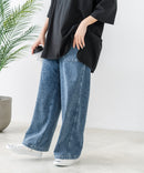 【C-FORT POINT/フォートポイント】ニットデニム ベイカーワイドパンツ デニム風 ストレッチ 柔らかい 楽パン ウエストゴム 大人カジュアル デイリー 公園 ワンマイルウェア