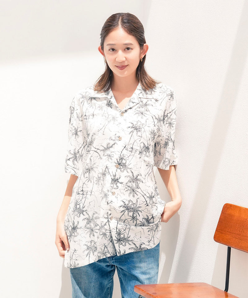 レーヨン 総柄プリント シャツ アロハ 接触冷感 レーヨン100％