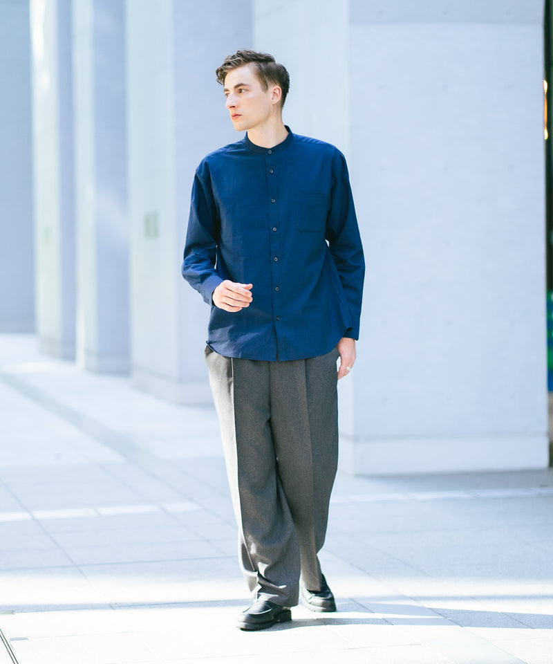 フレンチリネンミックス 長袖 リラックスフィット バンドカラーシャツ【Blue Standard:ブルースタンダード】