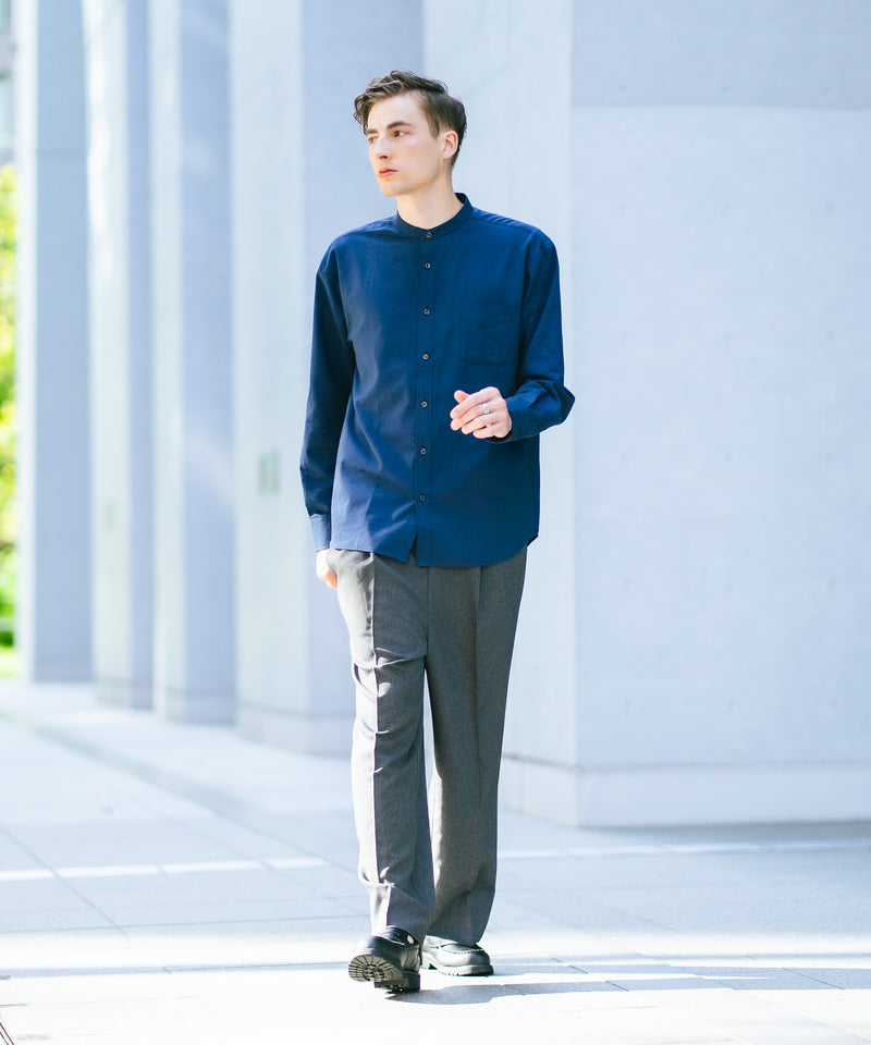 フレンチリネンミックス 長袖 リラックスフィット バンドカラーシャツ【Blue Standard:ブルースタンダード】