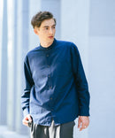 フレンチリネンミックス 長袖 リラックスフィット バンドカラーシャツ【Blue Standard:ブルースタンダード】