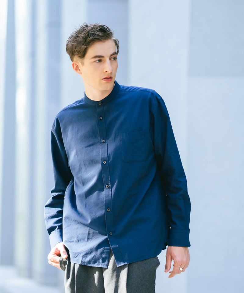フレンチリネンミックス 長袖 リラックスフィット バンドカラーシャツ【Blue Standard:ブルースタンダード】