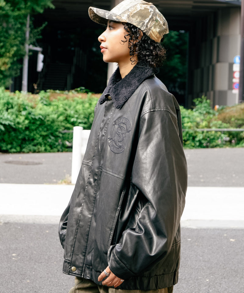 【BEN DAVIS/ベンデイビス】ヴィンテージ加工 衿ボア レザーライクジャケット 中綿 防寒 古着加工