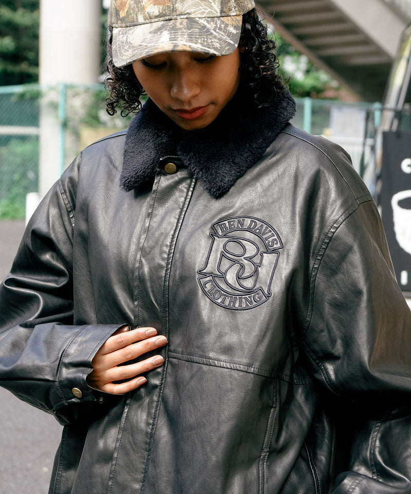 【BEN DAVIS/ベンデイビス】ヴィンテージ加工 衿ボア レザーライクジャケット 中綿 防寒 古着加工