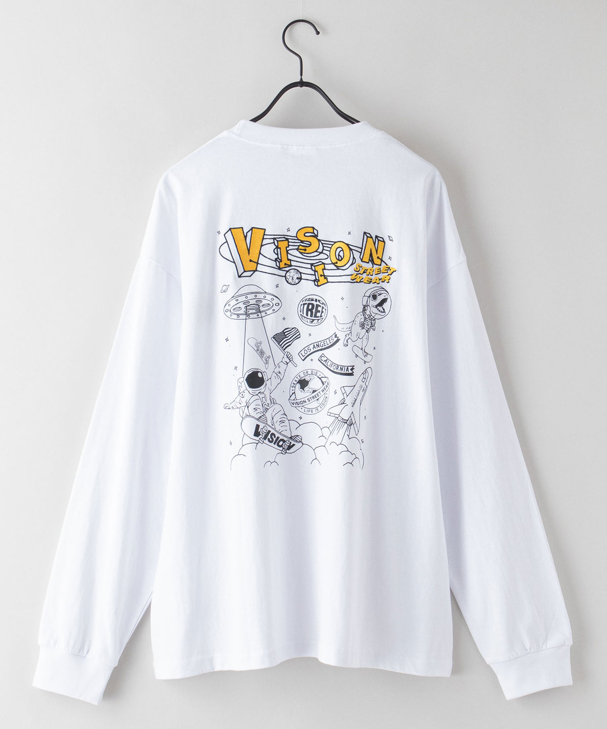 VISION バックプリント ＆ 刺繍 マルチ イラスト ロング Tシャツ