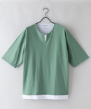 汗染み 目立ちにくい フェイク レイヤード 重ね着風 BIG キーネック Tシャツ ZERO STAIN ゼロステイン 防汚 UVカット 撥水 ミントグリーン ❘ジーンズメイト公式オンラインショップ