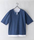 汗染み 目立ちにくい フェイク レイヤード 重ね着風 BIG キーネック Tシャツ ZERO STAIN ゼロステイン 防汚 UVカット 撥水 ブルー ❘ジーンズメイト公式オンラインショップ