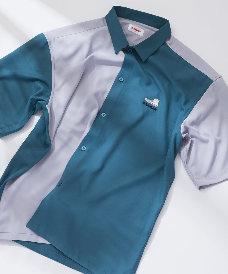 胸ワンポイント刺繍 ポリエステルツイル半袖シャツ 襟配色シャツ CONVERSE コンバース
