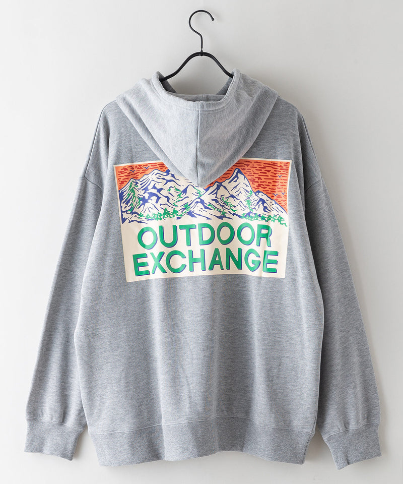 サンセット マウンテン バックロゴ フーデッド プルオーバー パーカー裏毛仕様 OUTDOOR EXCHANGE アウトドア エクスチェンジ