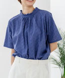 【C-FORTPOINT/フォートポイント】【涼やかな綿素材】総柄刺繍ブラウス コットン100% シャツ プルオーバー 涼しい 体型カバー ナチュラル ダークブルー FREE ❘ジーンズメイト公式オンラインショップ
