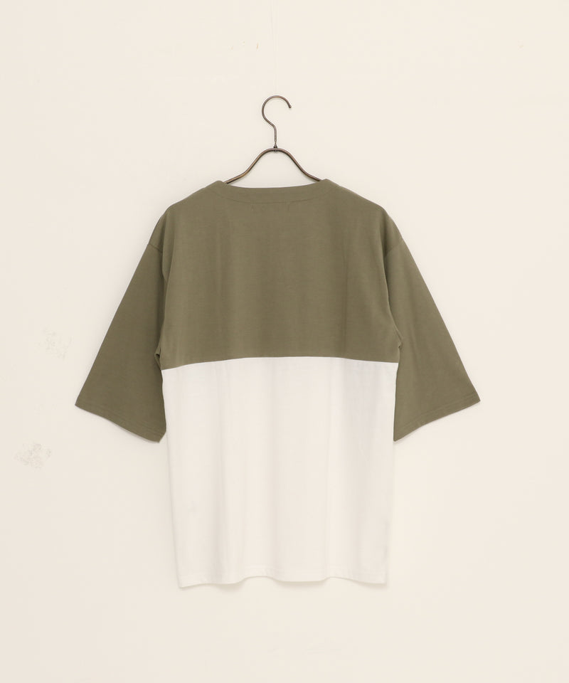 【韓国風 ファッション】バイカラー五分袖キーネックTシャツ
