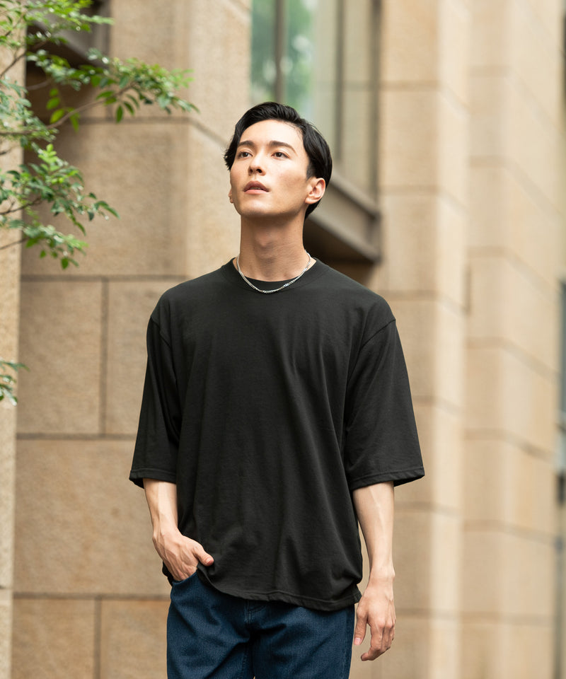 【韓国風 ファッション】ゆったりシルエット  天竺 無地 5分袖 Tシャツ
