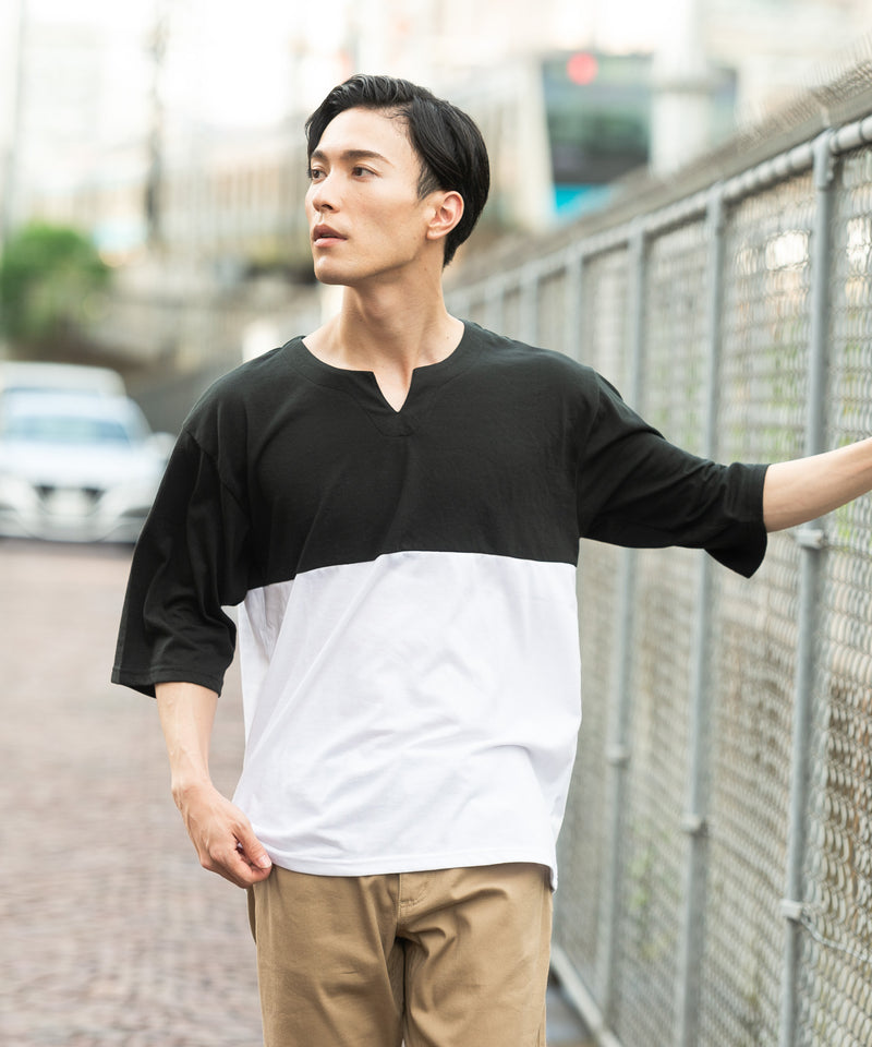 【韓国風 ファッション】バイカラー五分袖キーネックTシャツ