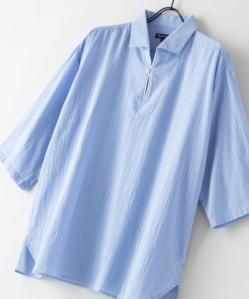 夏の シャリシャツ 強撚 7分袖 スキッパーシャツ